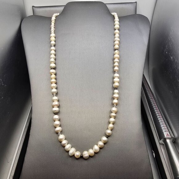 VTG White Graduated Baroque Pearl Necklace 22" Sterling Toggle Crystal Accents - Picture 2 of 13